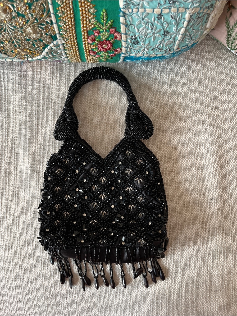 Zara Black Beaded Fringe Evening Wristlet